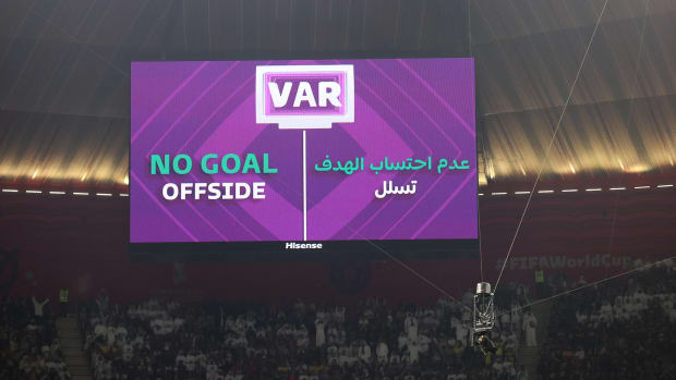 A view of a giant screen at Al Bayt Stadium after Ecuador's early goal against Qatar was disallowed by a VAR review